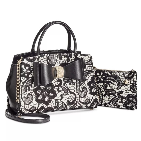 Betsey Johnson Handbags - Betsey Johnson Black and White Lace Bow Satchel with Pouch